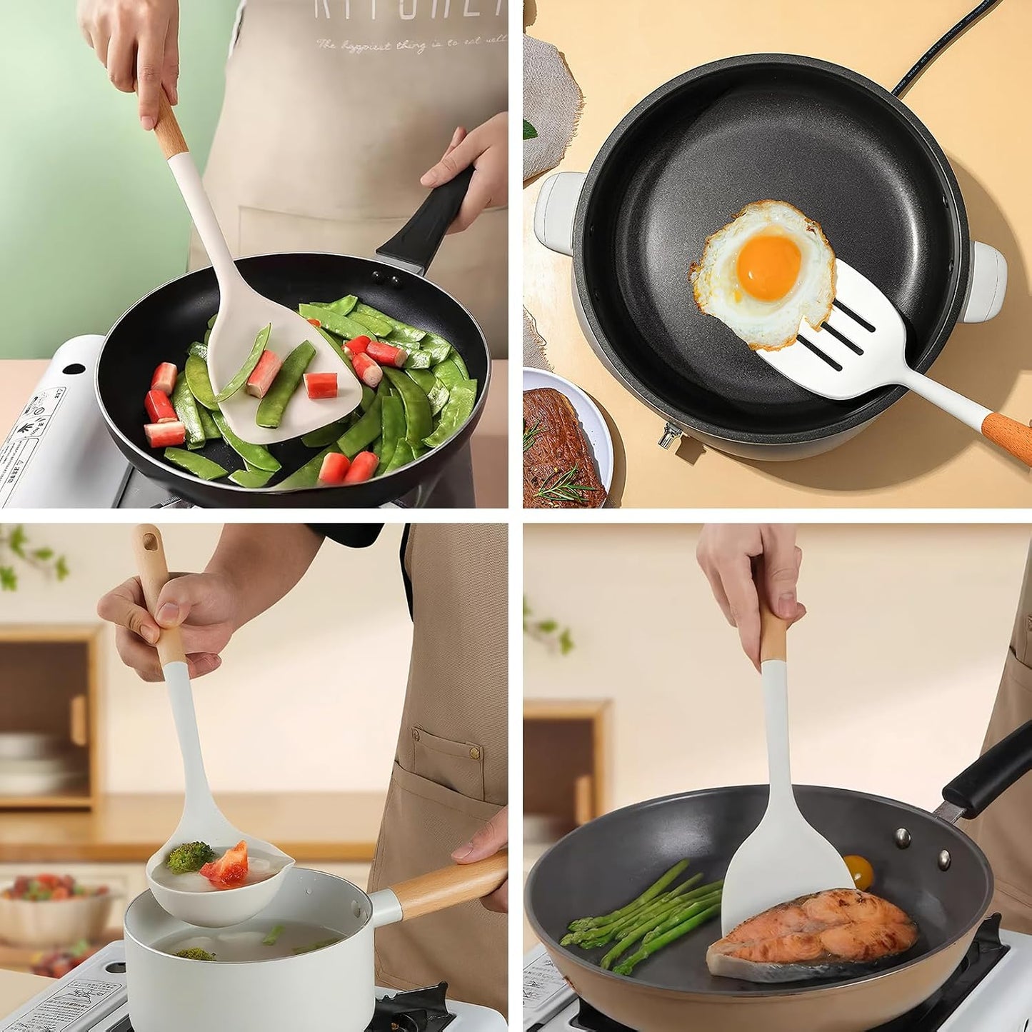 Kitchen Cooking Utensils Set, 6Pcs Silicone Kitchen Utensils Set Spatula Spoon Soup Ladle Turner, Heat Resistant Wooden Handle Silicone Cooking Gadgets for Nonstick Cookware & Baking BPA FREE