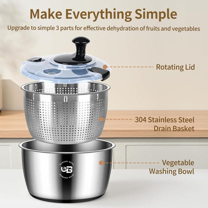 5.3 Qt Stainless Steel Salad Spinner, BOMANSI BOMS Vegetable Spinners, Lettuce Spinner, Fruit Washer, Large Salad Spinners, Dishwasher Safe, 304 Stainless Steel Bowl & Basket