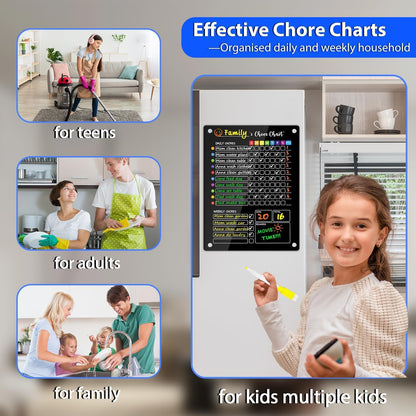 PigPotParty 2-in-1 Acrylic Magnetic Chore Chart for 2 Kids, Couples, Roommates, 15"x11" Large Dry Erase Chore Board for Fridge, Clear Weekly & Daily Reward Chart, Includes 12 Markers & Towel