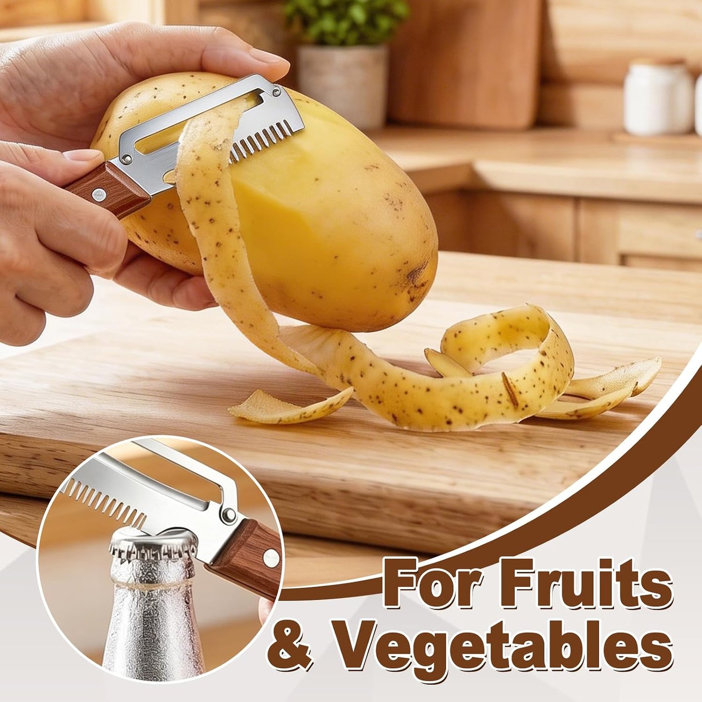 Multifunctional Vegetable Peeler for Kitchen, 3-in-1 Stainless Steel Potato Carrot Peeler with Bottle Opener, Zero Snag Wooden Peeler for Fruits & Veggies (2 PCS)