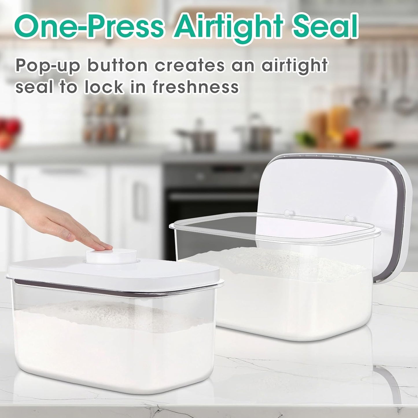 TBMax Large Airtight Food Container 5.28 Qt with Pop Up Lid & Measuring Cup, Ideal for 10 Lbs of Rice or 7 Lbs of Flour, Square Short Food Storage Bin for Kitchen Pantry and Drawer Organization