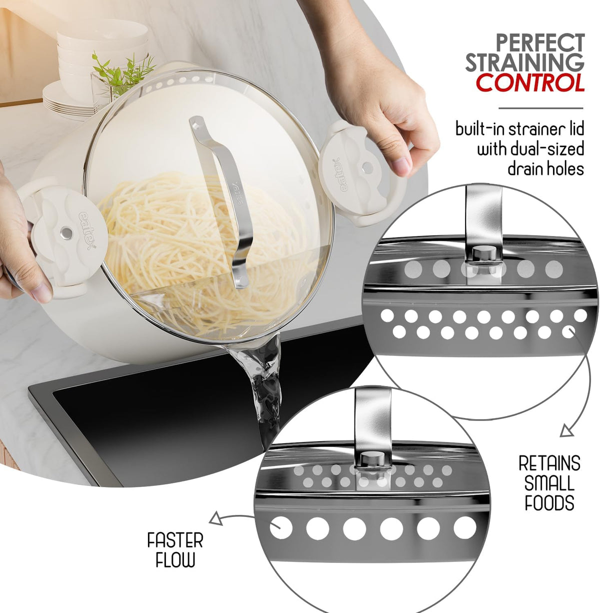 Eatex Pasta Pot with Strainer Lid - 5 Quart Multipurpose Stock Simmer Spaghetti with Strainer - Twist & Lock Handles, Nonstick Ceramic Stainless Steel Tempered Glass Black