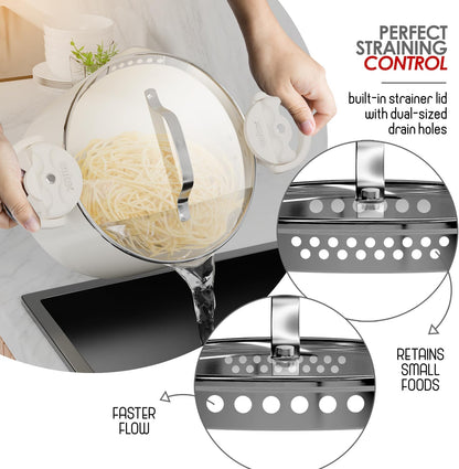 Eatex Pasta Pot with Strainer Lid - 5 Quart Multipurpose Stock Simmer Spaghetti with Strainer - Twist & Lock Handles, Nonstick Ceramic Stainless Steel Tempered Glass Black