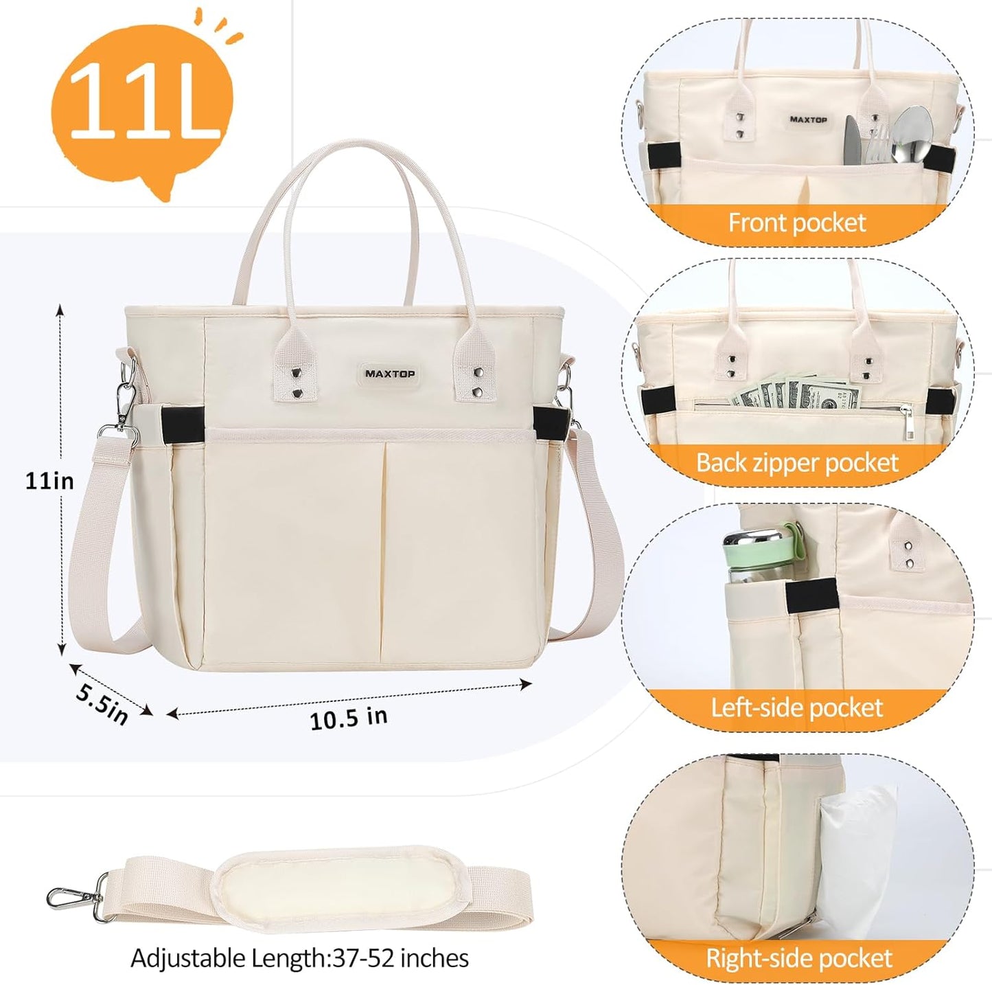 MAXTOP Lunch Bag Women for Work Insulated Thermal Lunch Box for Men with Wide-Open Pocket Reusable Leakproof Cooler Bags with Removable Shoulder Strap for Teacher Nurse Office Picnic Travel Black