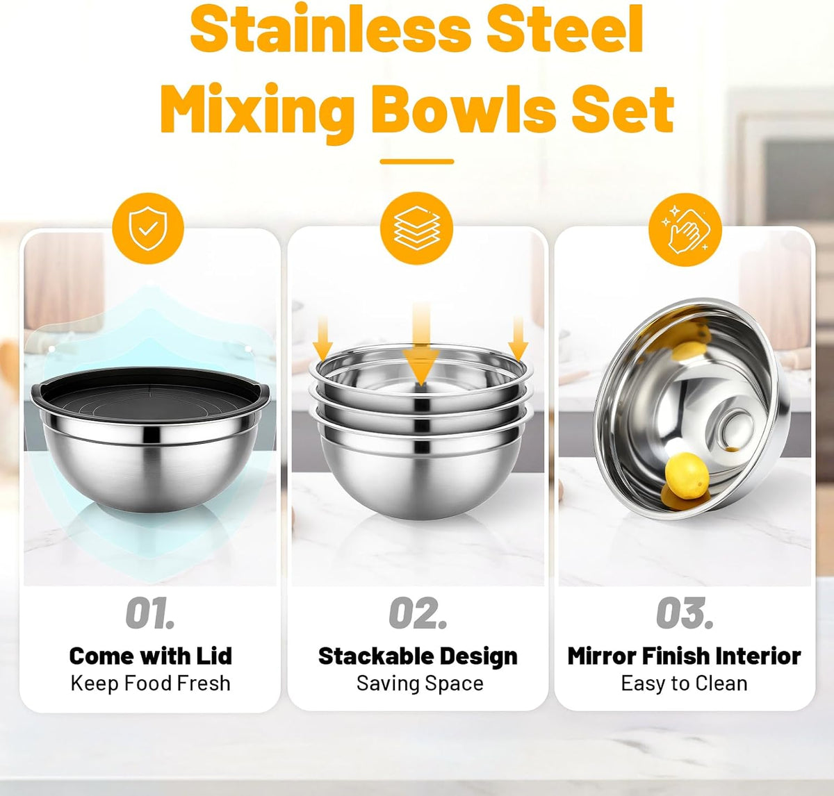 Beasea Stainless Steel Mixing Bowls, 5 Pack 1.5 QT Stackable Nesting Mixing Bowls with Airtight Lids, Metal Bowl with Lid for Baking, Meal Prepping, Salad, Serving, Food Storing