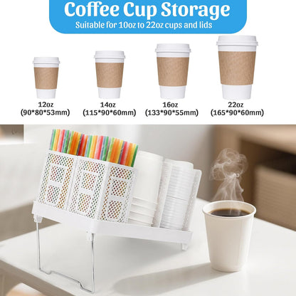 6-Compartment Cup and Lid Holder, Plastic Coffee Cup Holder with Straws Holder, 10-22oz Disposable Paper Cups Organizer for Countertop, Station, Bar,Office, Restaurant, Breakroom