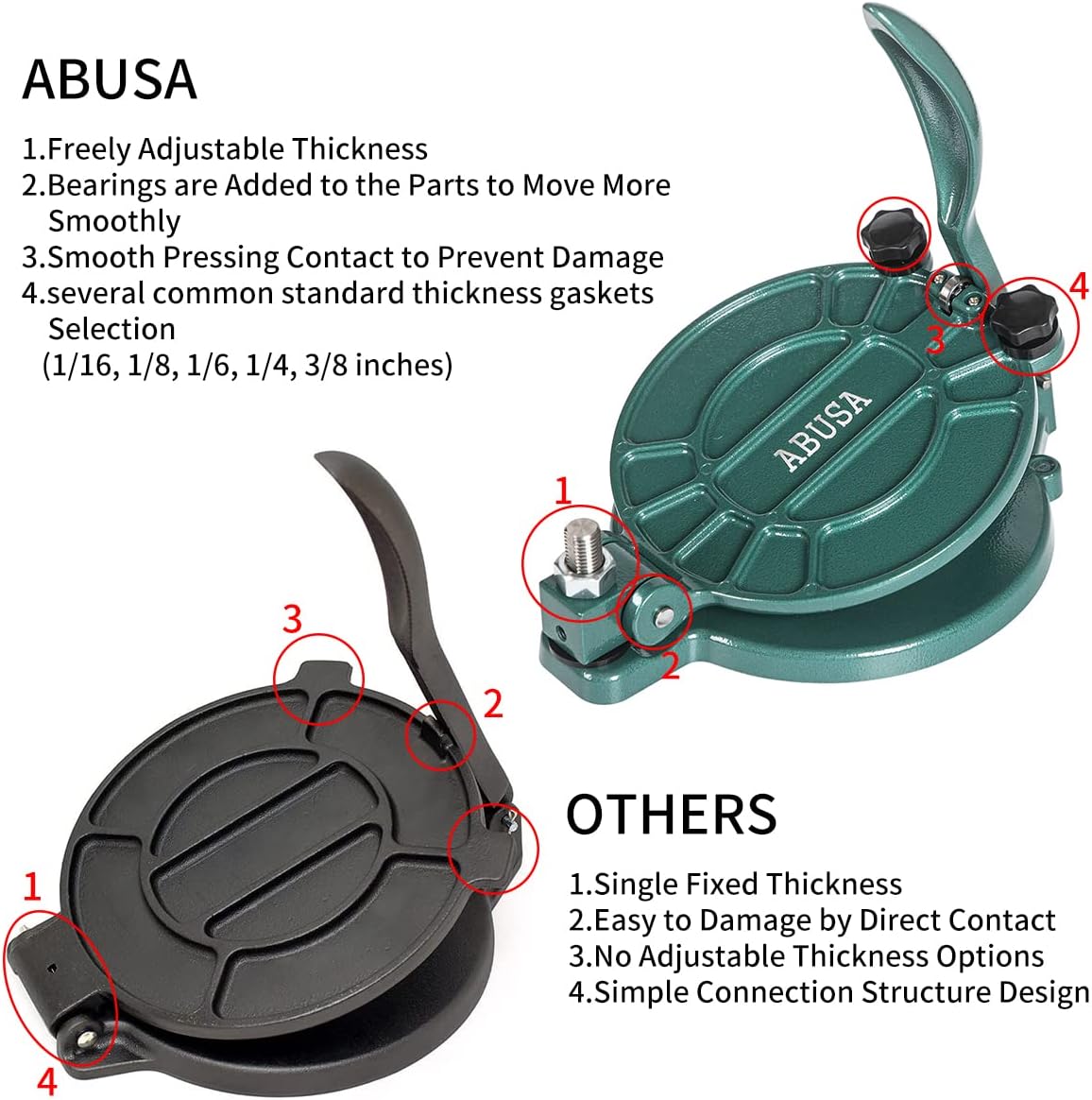 ABUSA Thickness Adjustable Tortilla Press 8 Inch Tortilla Maker Black - Roti, Dough Press, Dosa, Tawa, Tamale, Pizza, Pie, Patty (Extra Oil Paper or Patty Paper needed)
