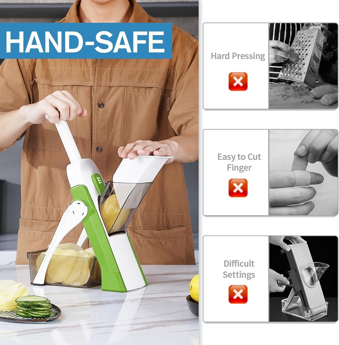 Safe Mandoline Slicer for Kitchen, Meal Prep,Potato Slicer, Adjustable/Easy to Clean/Storage, Kitchen Chopping Artifact,French Fry Cutter,Paring Knife/Cleaning Brush (only Slice, Black Knight)