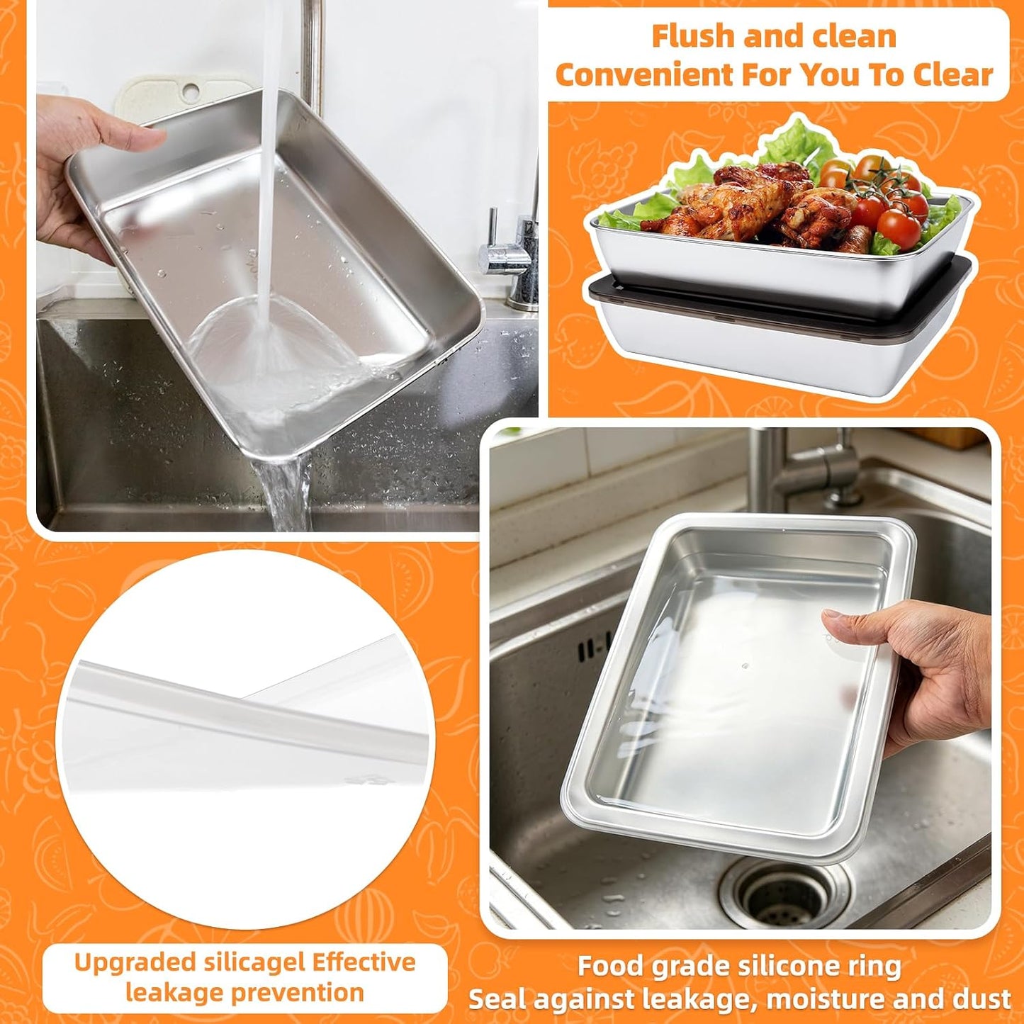 4 PCS Stainless Steel Food Storage Containers with lids,2.16 Inch Deep, 8x10 Inch Stainless Steel Oven plate, Metal Roasting Pan for Meal Prep、Meat, Rustproof & Heavy, Freezer & Dishwasher Safe