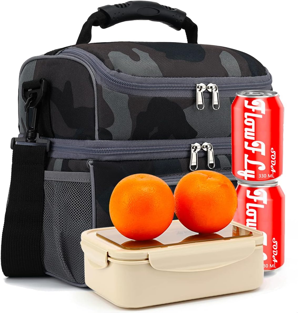 FlowFly Double Layer Cooler Insulated Lunch Bag Adult Lunch Box Large Tote Bag for Men, Women, With Adjustable Strap,Front Pocket and Dual Large Mesh Side Pockets