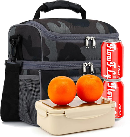 FlowFly Double Layer Cooler Insulated Lunch Bag Adult Lunch Box Large Tote Bag for Men, Women, With Adjustable Strap,Front Pocket and Dual Large Mesh Side Pockets