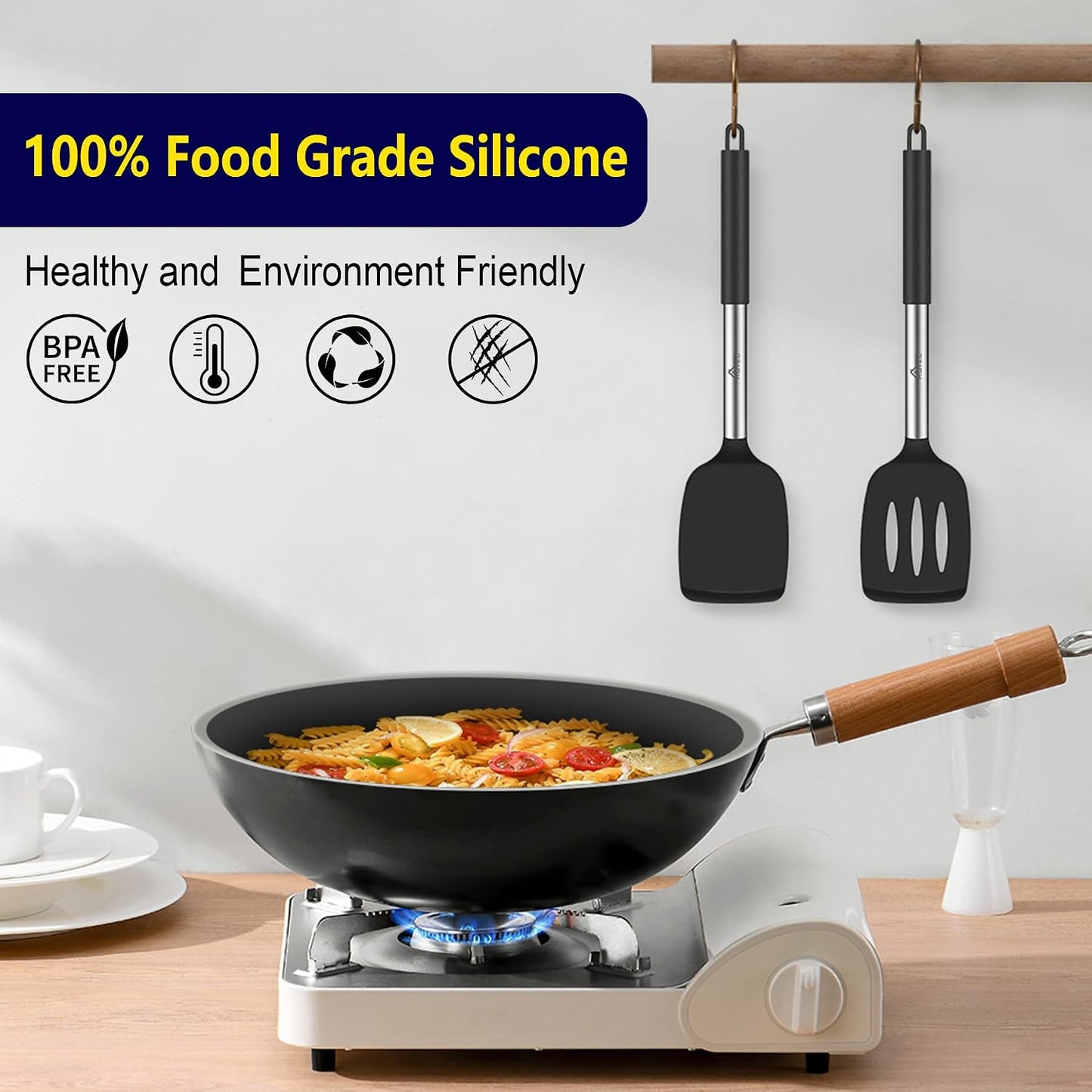 HOTEC Silicone Spatula Set of 2 Heat-Resistant 600°F & BPA-Free Kitchen SaptulaTurner with Stainless Steel Handles, Slotted & Solid Spatulas for Nonstick Cookware, 13.7 Inch, Classic Blue