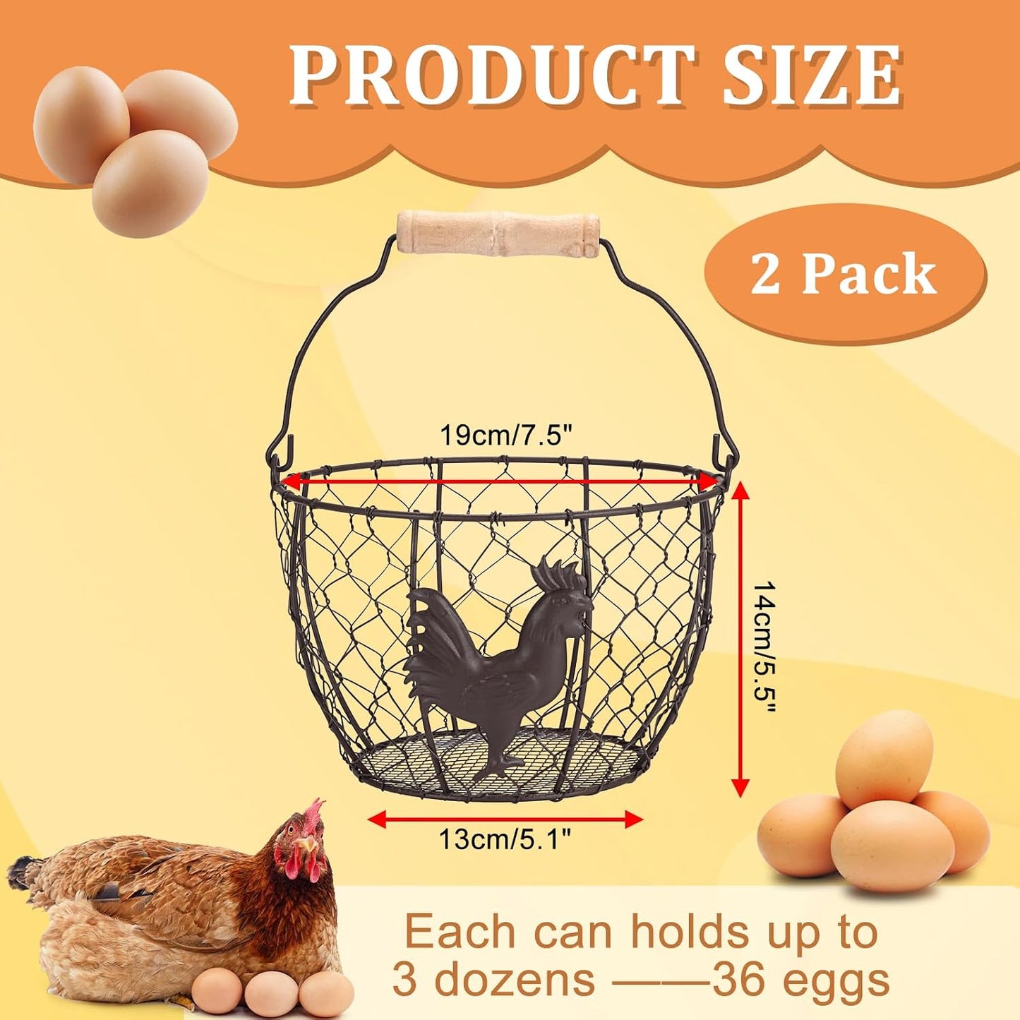 3 PCS 8’’ Farmhouse Egg Collecting Basket with Wood Handle, Rustic Metal Wire Chicken Eggs Holder Basket for Countertop Kitchen, Wire Egg Basket Vintage Style, Round, Rooster Pattern
