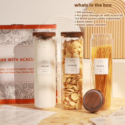 2 Pack Large Glass Flour and Sugar Storage Containers with Airtight Acacia Wood Lids and 132 Kitchen Pantey Labels Preprint - 1 Gallon Borosilicate Glass Canister Sets for Food,Pasta,Cookie,Rice