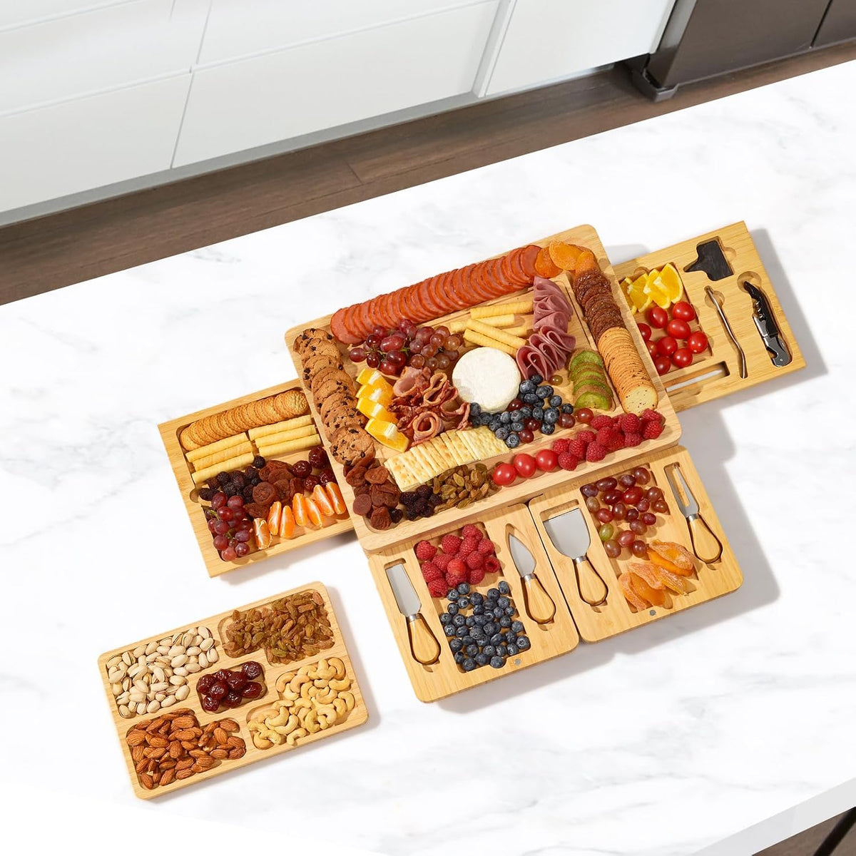 Bamboo charcuterie boards Gift Set - Serving Meat Cheese Board, Charcuterie Board Set with 4 Stainless Steel Cheese Knife, Ideal for House Warming Gifts New Home, Christmas, Bridal Shower Gift