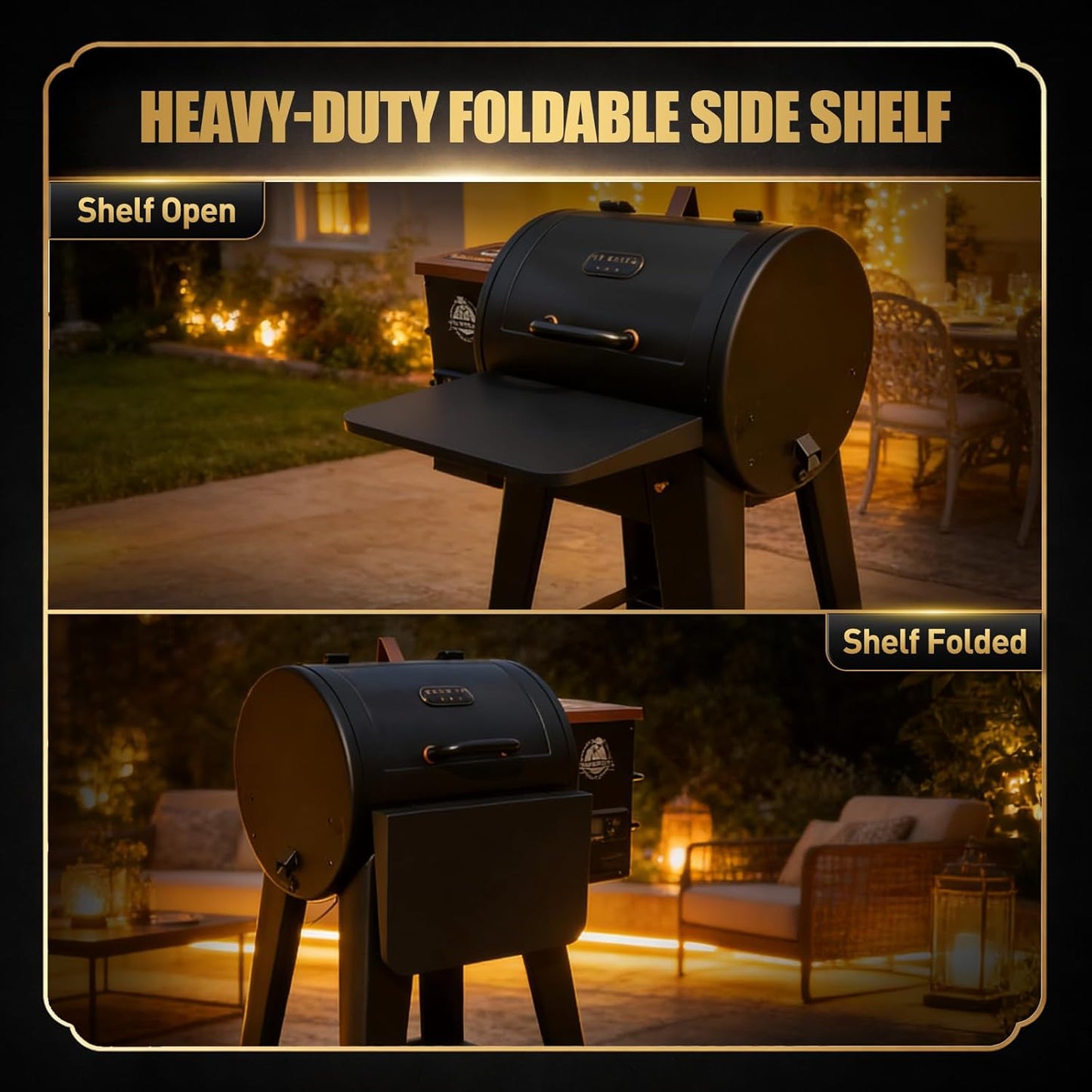 QuliMetal Folding Front Shelf for Traeger Pro 34, Texas Elite 34, Century 885 and Eastwood 34, 37" x 12" Heavy-Duty Grill Prep Table with Cutting Board, Stainless Steel Basin, Lid and 5 Hooks