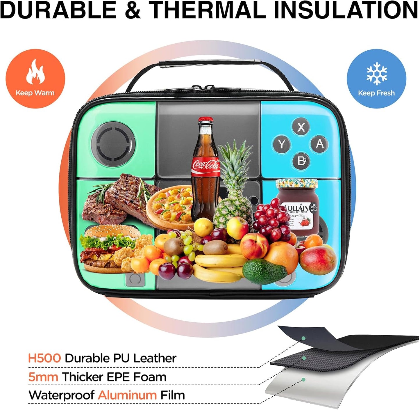 Kids Gamer Lunch Box for Boys, Game Console Insulated Lunch Bag, PU Leather Waterproof Lunchbox with Mesh Pocket, Durable Leakproof Lunch Tote Fits Bento Box for School