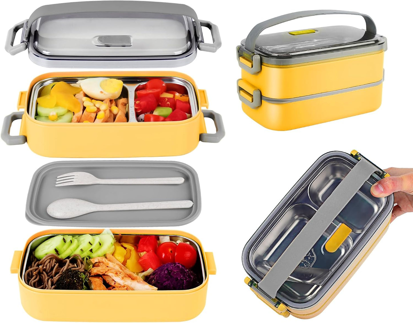 Stainless Steel Bento Box for Adults&Kids,Japanese Leakproof Lunch Box Divided Food Meal Storage Containers Set Stackable 2 Layer for Children School Picnic Beige