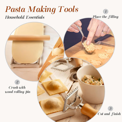 Geetery 5 Pcs Ravioli Mold Set 2 Inch Square Ravioli Maker Cutter Kit with 12-Hole Raviolis Press 3 Pasta Cutter Stamps Wooden Rolling Pin Pasta Making Tool for Homemade Raviolis Home Restaurant Use
