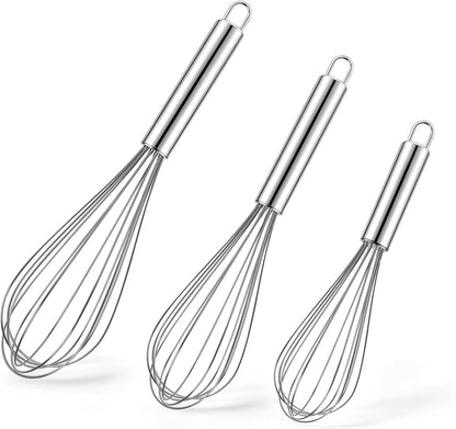 Ninsula 3 Pack Stainless Steel Whisk, 8" 10" 12" Thicken Heavy Duty Whisk Set, Food Grade Kitchen Wire Whisks for Cooking, Whisking, Blending, Stirring