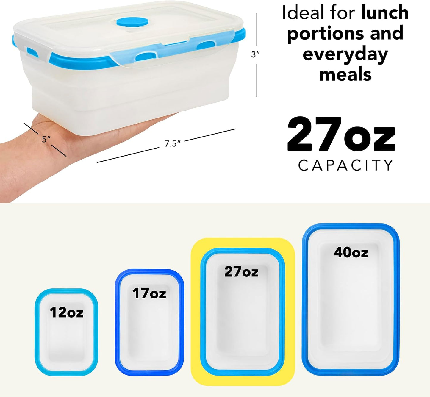 ECOBERI Collapsible Silicone Food Storage Containers, BPA Free, Microwave, Freezer and Dishwasher Safe, Lunch, Meal Prep, Travel, Space-Saving