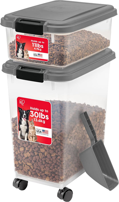 IRIS USA Dog Food Storage Container 30 lb + 11lb Airtight Combo, Stackable Pet Food Storage Bin with Wheels for Cat Dog Food, BPA Free, Made in USA, Black