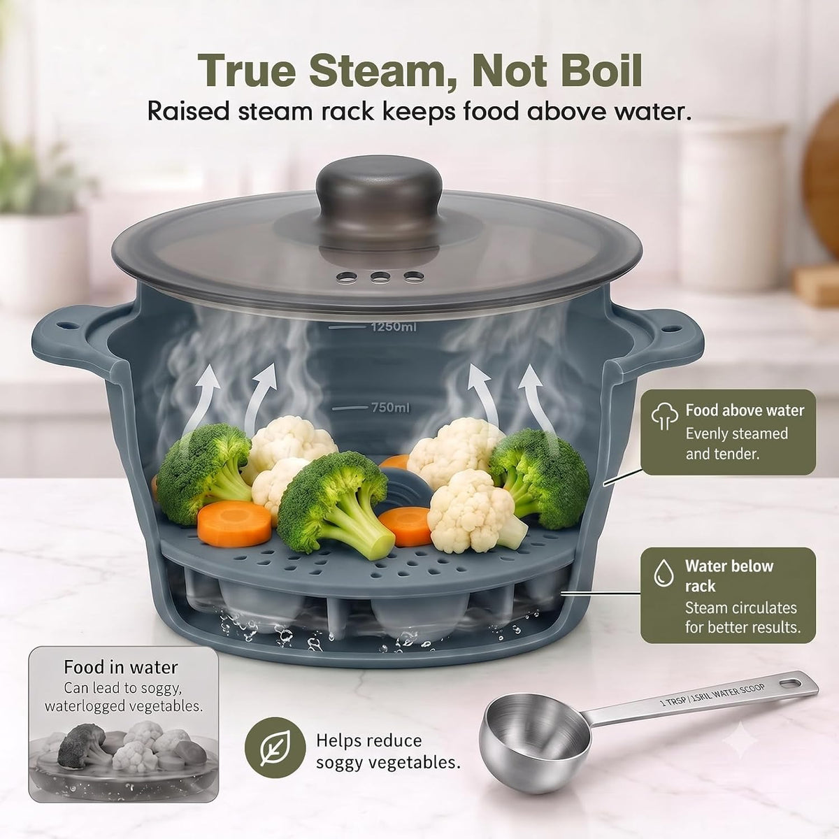 42oz Collapsible Silicone Microwave Steamer for Vegetables, Green