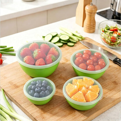 4-Piece Classic Plastic Prep Bowls with Lids, Nesting Plastic Small Mixing Bowl Set for Mixing, Baking, Prepping, Cooking and Serving Food, Microwave and Dishwasher Safe (Yellow)