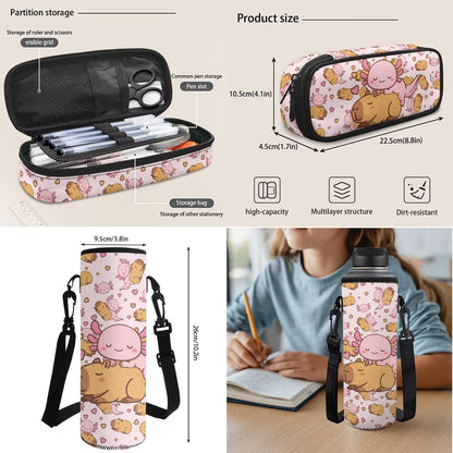 Cute Capybara Pizza Backpack for Girls, 5 Pcs Boys School Bag Set for Kids, 17 Inch Backpacks Lunch Pencil Box Reusable Utensils Case Set for Middle Elementary School, 3rd Grade Backpack