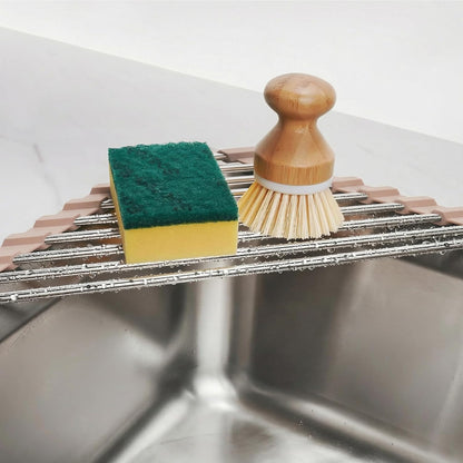 Tomorotec Foldable Stainless Steel Triangle Roll-Up Dish Drying Rack for Small Sink Corners - Over-The-Sink Multipurpose Kitchen Drainer, Rustproof Organizer, Trivet and Shelf - Space-Saving (Black)