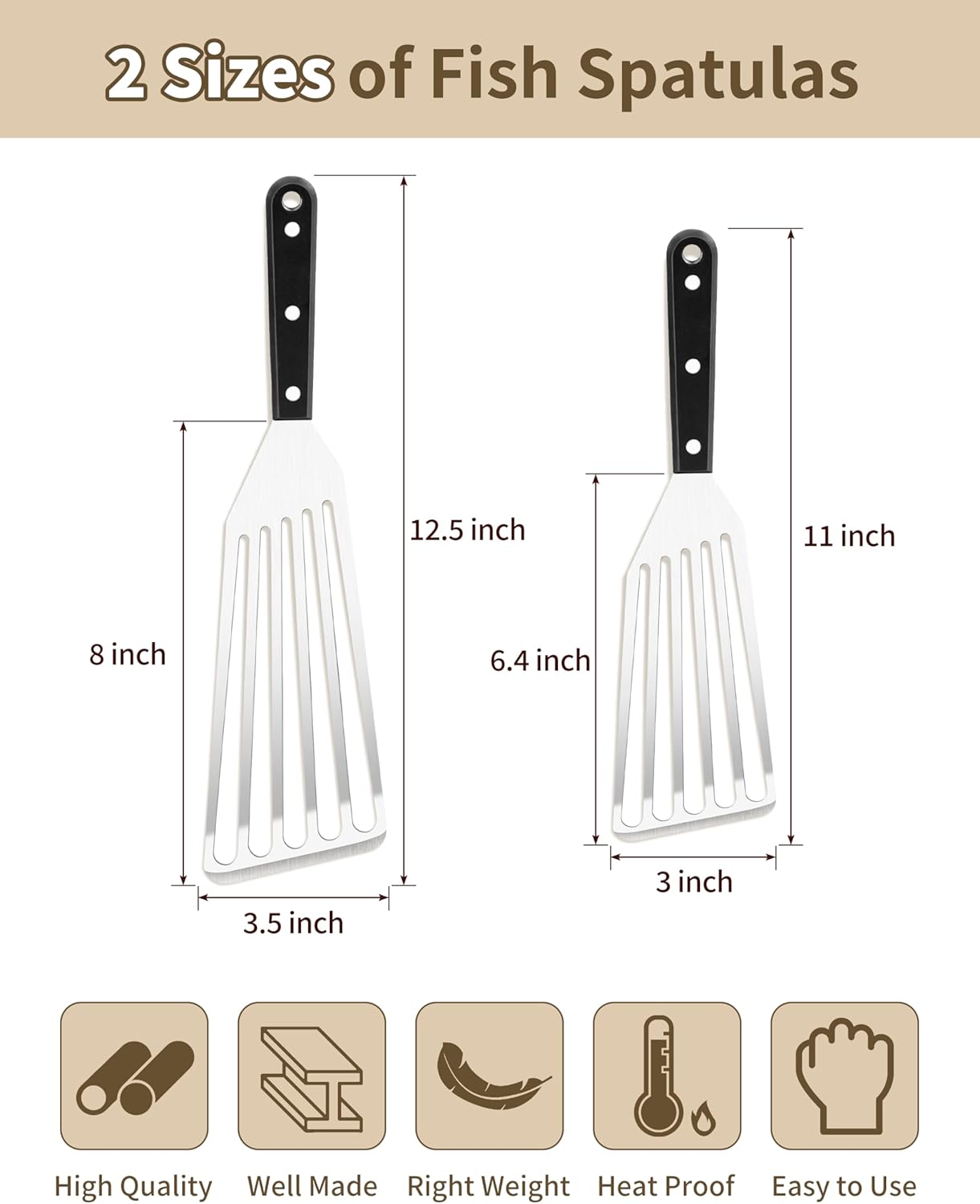 HaSteeL 2 Pack Fish Spatula Turner, 12.5" & 11" Stainless Steel Slotted Spatula Set for Kitchen Cooking, Flipping, Turning, Frying & Grilling, Full Tang ABS Handle, Dishwasher Safe