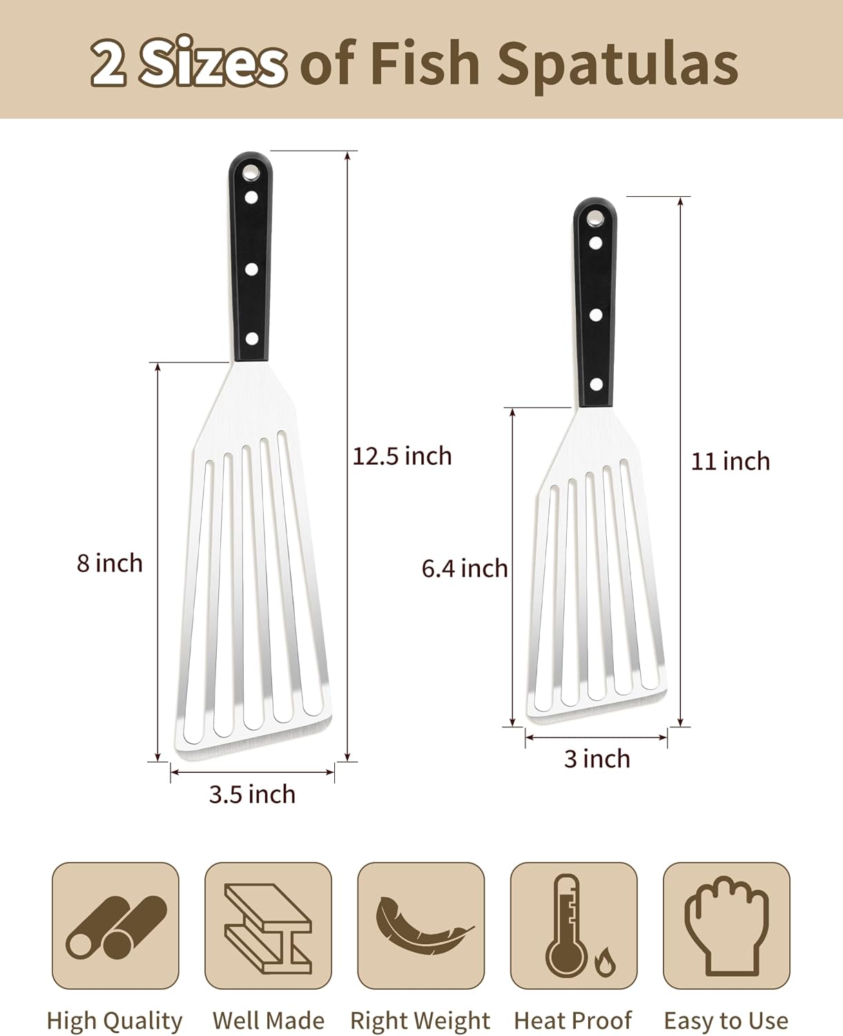 HaSteeL 2 Pack Stainless Steel Fish Spatula, Metal Slotted Turner Set, Griddle Grill Spatula for Kitchen Cooking, Flipping, Turning, Frying $ Grilling, Full Tang ABS Handle, DIshwasher Safe