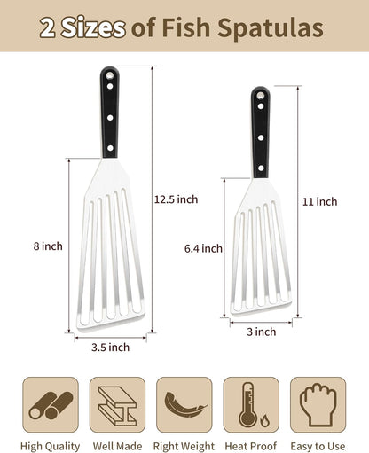 HaSteeL 2 Pack Stainless Steel Fish Spatula, Metal Slotted Turner Set, Griddle Grill Spatula for Kitchen Cooking, Flipping, Turning, Frying $ Grilling, Full Tang ABS Handle, DIshwasher Safe