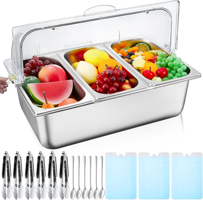 Condiment Tray Stainless Steel Serving Display Set with Lid for Buffet Restaurant Kitchen, Food Chilled Container for Salad Fruit Condiments, Keeps Food Fresh with Ice Box(6 Compartments)
