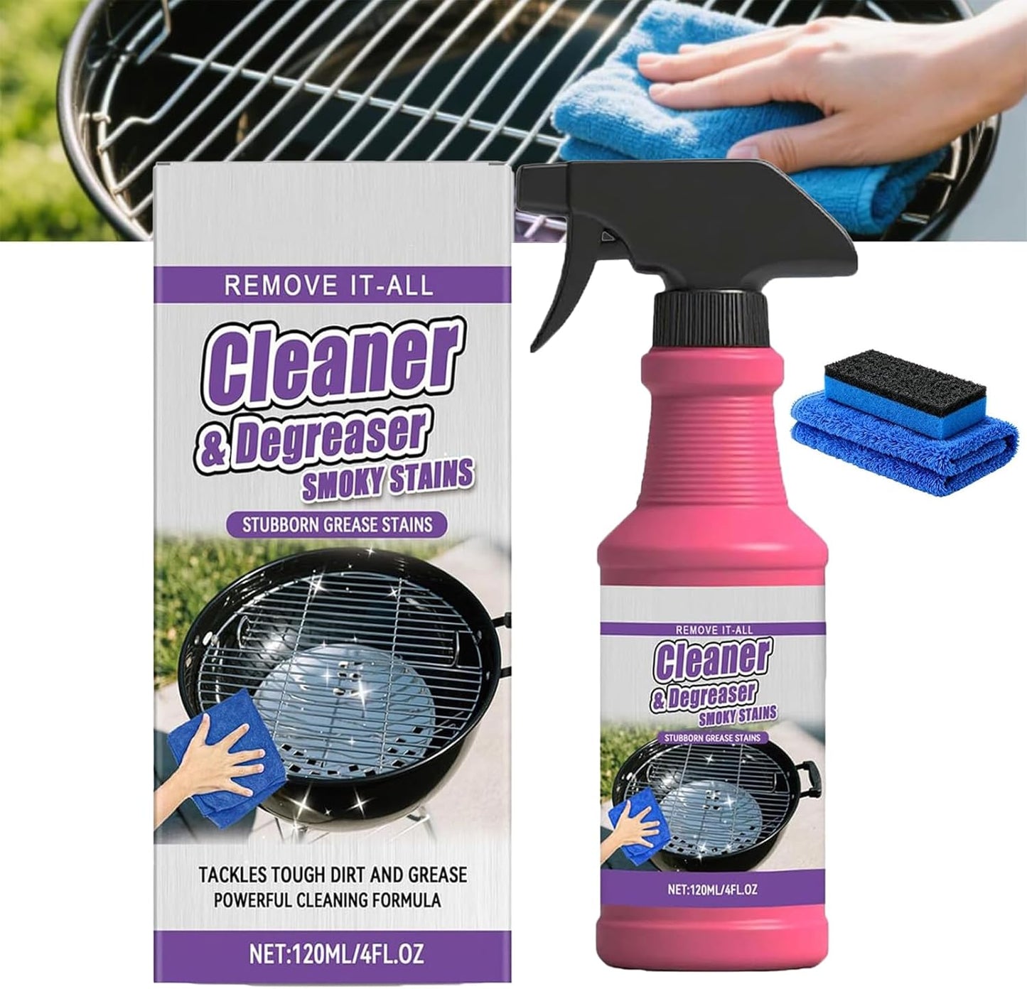 Fast-Acting Grill Cleaner Spray, Heavy Duty BBQ Degreaser for Burnt Food & Stubborn Grease, Powerful No-Scrub Oven & Kitchen Cleaner for Grills, Stovetops & Pans (1pcs)