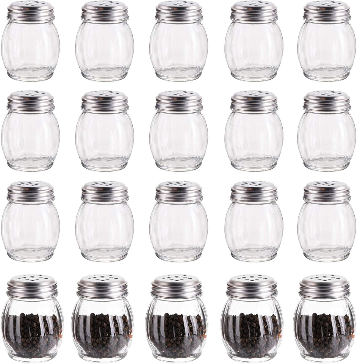 Nicunom 20 Pack 6 Oz Spices Shaker with Perforated Stainless Steel Lid, Swirl Glass Parmesan Cheese Shaker with Slotted Caps, Salt and Pepper Shakers Set, Seasonings Spice Retro Style Dispensers