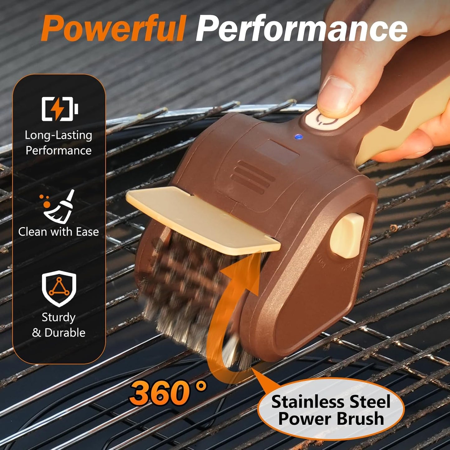 Electric Grill Brush for Outdoor Grill, Cordless Electric BBQ Grill Cleaner, Rechargeable Grill Cleaning Stainless Steel Brush, Grill Scraper, BBQ Accessories Brown
