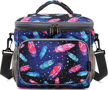 FlowFly Insulated Reusable Lunch Bag Adult Large Lunch Box for Women and Men with Adjustable Shoulder Strap,Front Zipper Pocket and Dual Large Mesh Side Pockets,Cherry - Colors B