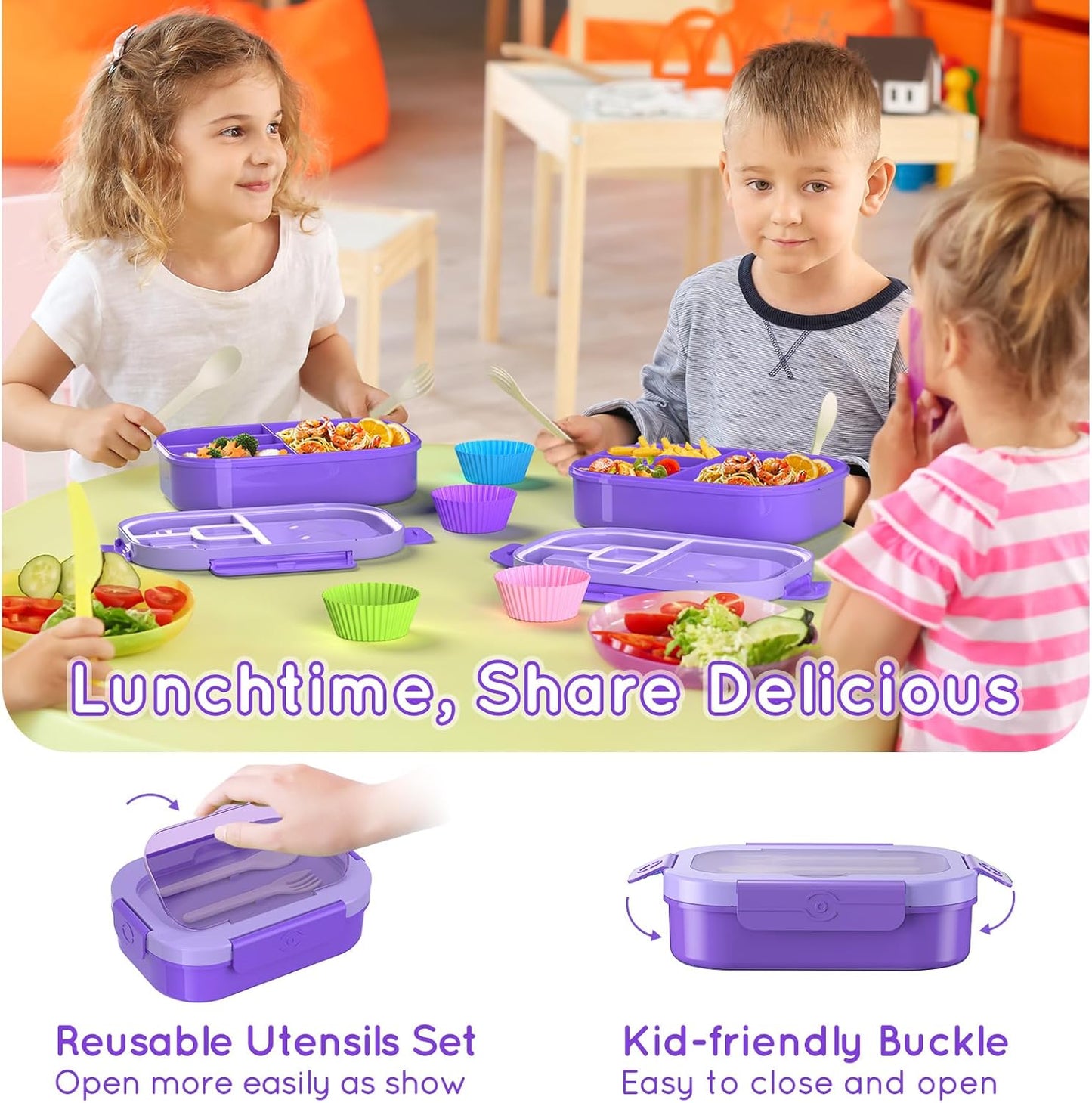 Lunch Box Kid Adult Bento Box, 4-Compartment Food Lunch Containers with Fork & Spoon, BPA Free, Leak-Proof Bento-Style Lunch Box for Work School, Microwave & Dishwasher Safe (Candy)