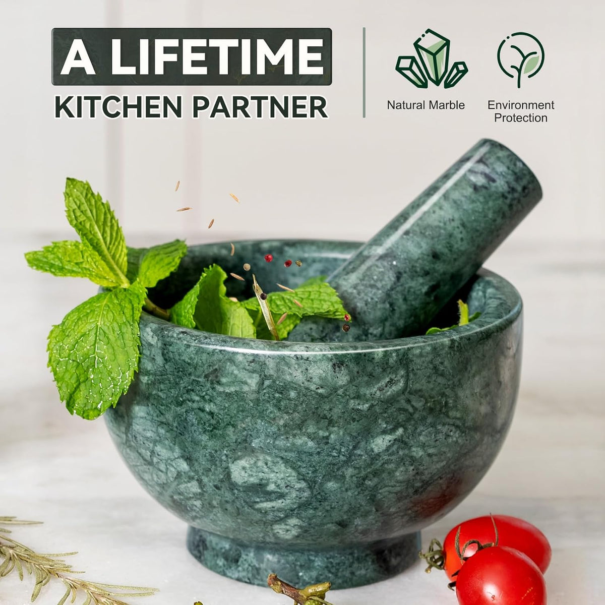 Koville Luxury Marble Mortar and Pestle Set, 7"-4cups Grinder Bowl for Guacamole, Salsa, Pill Crusher, Spice, Herb, Garlic, Nut, Heavy Duty Grinder for Kitchen