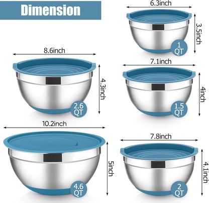 E-far Stainless Steel Mixing Bowls with Lids Set, 5-Piece Nesting Salad Bowls with 3 Grater Attachments and Non-Slip Bottoms, Size 4.6, 2.6, 2, 1.5, 1QT for Kitchen (Khaki)