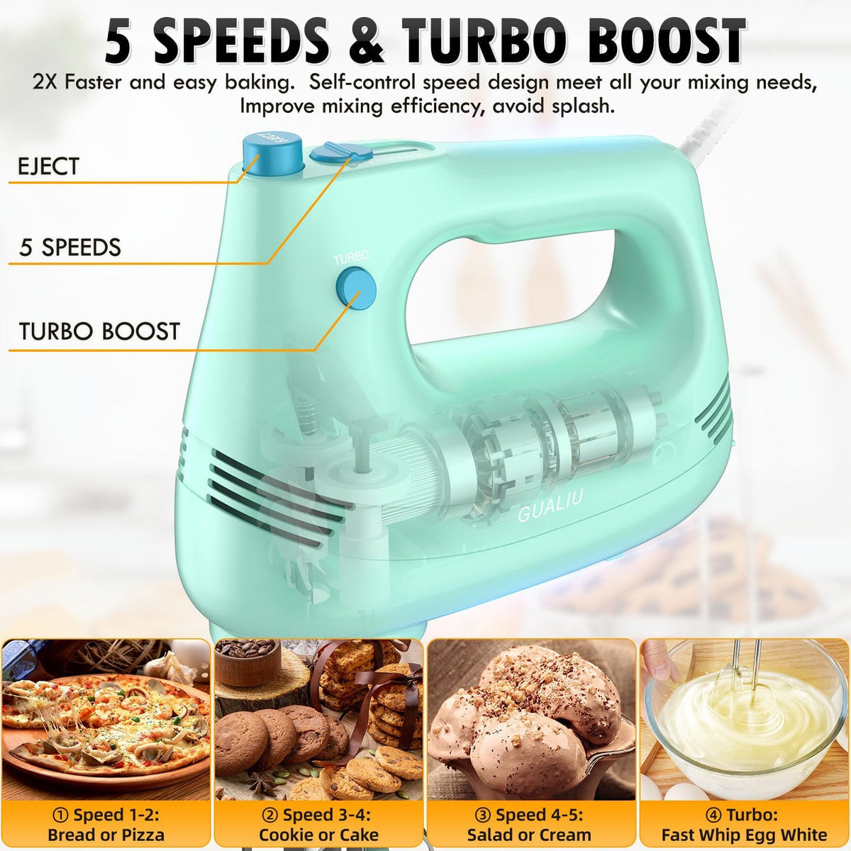 GUALIU Electric Hand Mixer, 304*(2* Beaters, 2* Dough Hooks), (1* Storage Bag) Handheld Mixer for Baking Cakes, Eggs, Cream Food Mixers, Turbo Boost /5 Speed Kitchen Blender PINK