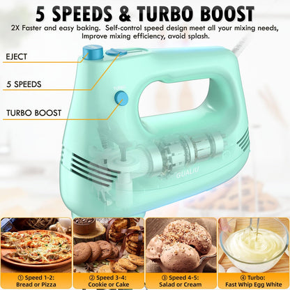 GUALIU Electric Hand Mixer, 304*(2* Beaters, 2* Dough Hooks), (1* Storage Bag) Handheld Mixer for Baking Cakes, Eggs, Cream Food Mixers, Turbo Boost /5 Speed Kitchen Blender PINK