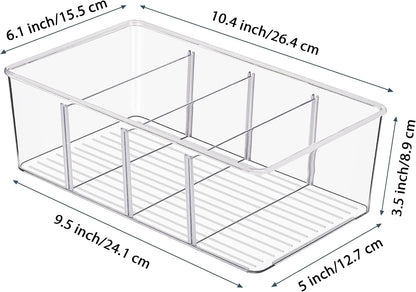 Vtopmart 6 Pack Food Storage Organizer Bins, Clear Plastic Bins for Pantry, Kitchen, Fridge, Cabinet Organization and Storage, 4 Compartment Holder Packets, Snacks, Pouches, Spice Packets
