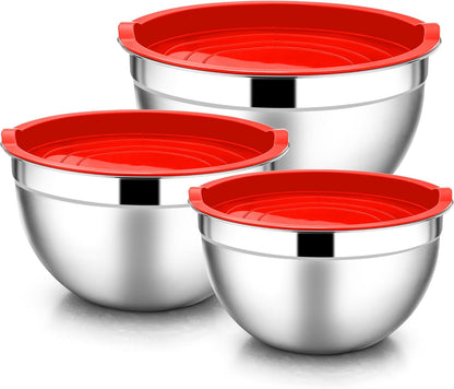 E-far Mixing Bowls With Lids Sets of 5, 10-Piece Stainless Steel Salad Metal Nesting Bowl for Baking Cooking and Prepping, Airtight Lid & Stackable Design, Size 4.6, 3, 2.1, 1.5, 0.7 QT, Black