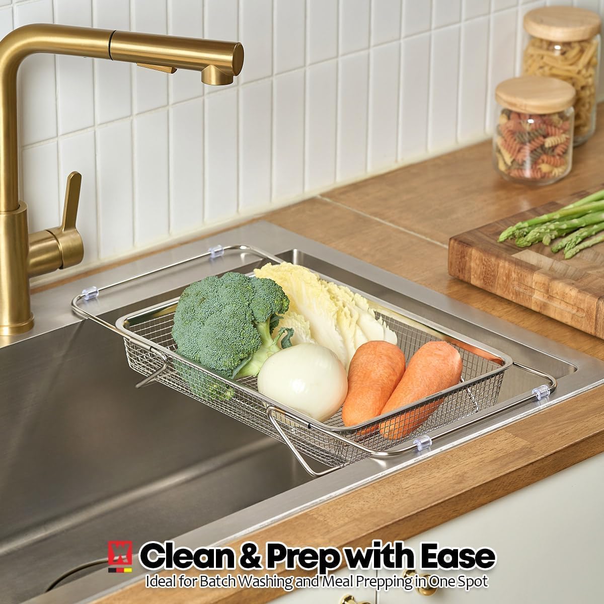 WAGENSTEIGER Extendable Dish Rack with Feet, Vegetable Colander Basket, Stainless Steel Dish or Silverware Drying Rack, Ultimate Kitchen Organizer Over the Sink (11.81 x 8.27 x 2.76 Inches)