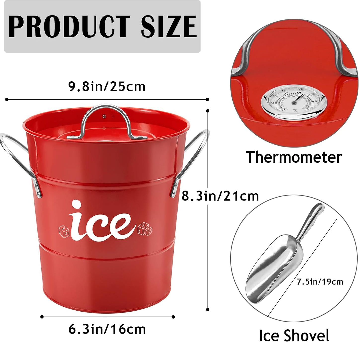 Double Wall Ice Bucket with Thermometer, Metal Wine Chiller Bucket with Lid & Scoop - for Champagne, Wine, Cocktails and Parties, Large Insulated Ice Holder - Perfect for Home & Outdoor Use,Red