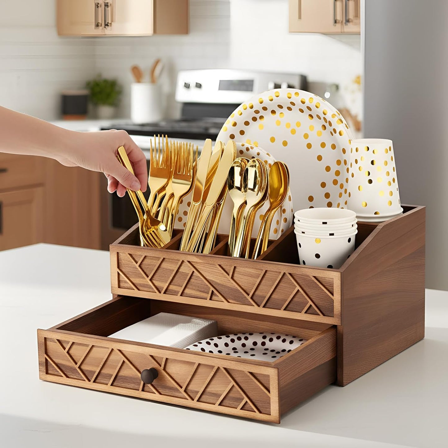 Marsui Paper Plate Dispenser, Wood Rustic Paper Plate Holder for Countertop with Drawer Silverware Utensil Caddy, Cutlery Flatware Organizer for Spoon Fork Napkins Kitchen Parties(Black)