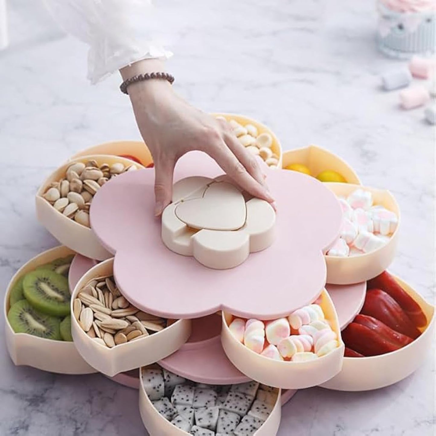 Divided Spin & Snack Serving Tray – Rotating Multi-Compartment Food Organizer, Covered Storage for Chips, Nuts, Dips & Veggies, Perfect for Parties & Entertaining (Pink Double-Layer with Stand)