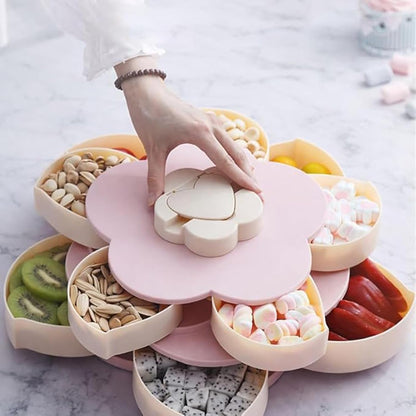 Divided Spin & Snack Serving Tray – Rotating Multi-Compartment Food Organizer, Covered Storage for Chips, Nuts, Dips & Veggies, Perfect for Parties & Entertaining (Pink Double-Layer with Stand)